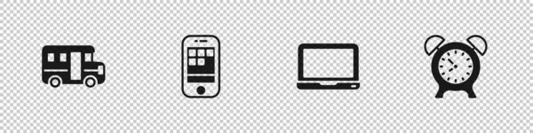 Imposta l'icona dello scuolabus, dello smartphone, del computer portatile e dell'orologio. Vettore — Vettoriale Stock