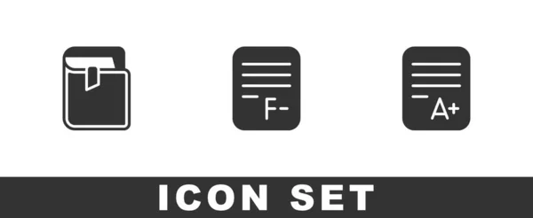 Set Book, Examen papier met onjuiste antwoorden en blad A plus grade icoon. Vector — Stockvector