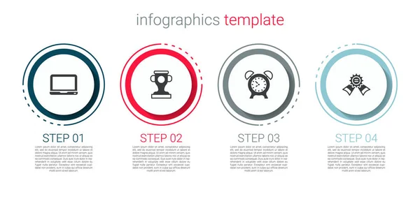 Set Laptop, Copa do prêmio, relógio de alarme e medalha. Modelo de infográfico de negócios. Vetor — Vetor de Stock