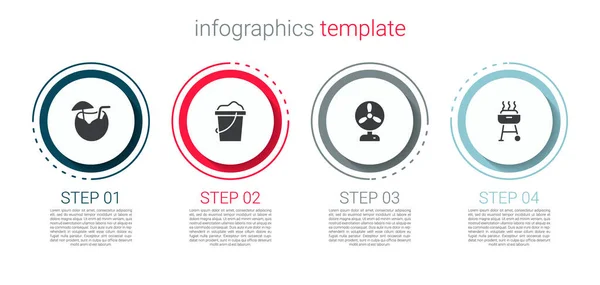 Set Coctel de coco, Arena en cubo, Ventilador eléctrico y Parrilla Barbacoa. Plantilla de infografía empresarial. Vector — Vector de stock