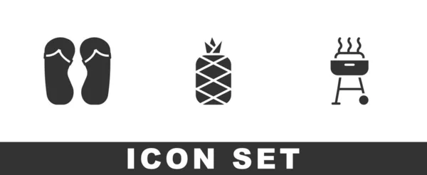 Set Flip flops, Pineapple dan ikon panggangan Barbekyu. Vektor - Stok Vektor