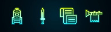 Orta Çağ tahtı, kılıç, ferman, parşömen, parşömen ve trompet. Parlayan neon ikonu. Vektör