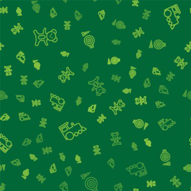 Çizgiyi ayıcık pelüş oyuncağı, oyuncak tren ve klasik dart tahtası ve okun pürüzsüz desenini ayarla. Vektör