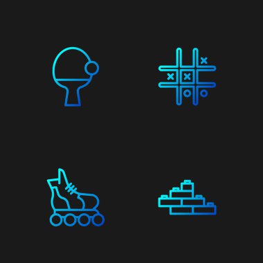 Çizgi oyuncakları, taş tuğlalar, paten, raket ve top ve Tic Tac toe oyunu. Renk simgeleri. Vektör