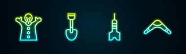 Sırada oyuncak bebek, kürek oyuncağı, dart oku ve bumerang var. Parlayan neon ikonu. Vektör