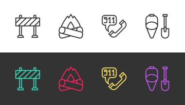 Hat bariyeri, kamp ateşi, telefon 911 'i ve itfaiye küreğini ve kovayı siyah beyaz üzerine koyun. Vektör