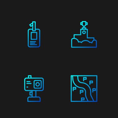 Rotayı, kamera, kimlik kartı ve ödüllü podyumu ayarla. Renk simgeleri. Vektör