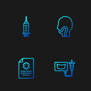 Ultrason, klinik kayıtları, şırınga ve boğaz ağrısı. Renk simgeleri. Vektör