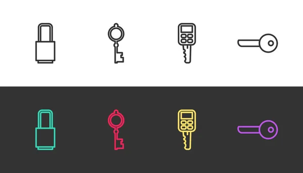 设置线锁、旧钥匙、带遥控器的车和黑白钥匙。B.病媒 — 图库矢量图片