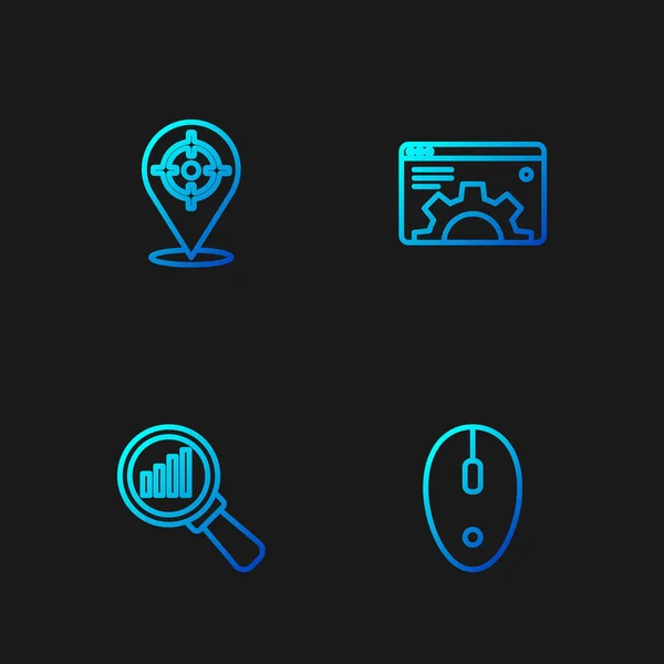 Définir la ligne Souris d'ordinateur, Verre grossissant et analyse, Sport cible et réglage du navigateur. Icônes de couleurs dégradées. Vecteur — Image vectorielle