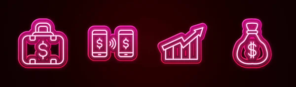 Set line Briefcase en geld, Money payment transfer, Financiële groei te verhogen en tas. Een gloeiend neon icoon. Vector — Stockvector