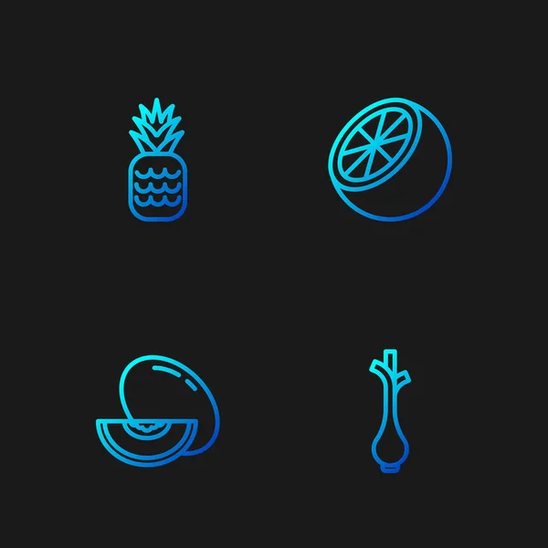 Set line Cebollas verdes frescas, Melón, Piña y Naranja. Iconos de color degradado. Vector — Vector de stock