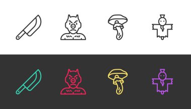 Çizgili Bıçak, Krampus, lanet, Psilocybin mantarı ve Korkuluk siyah beyaz. Vektör