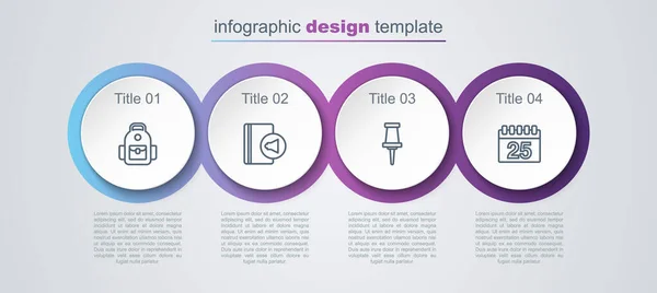 Impostare la linea Zaino scuola, audiolibro, Push pin e calendario. Modello di infografica aziendale. Vettore — Vettoriale Stock