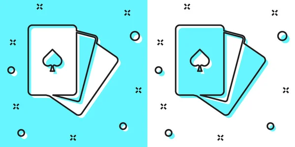 Línea negra Deck of playing cards icono aislado sobre fondo verde y blanco. Juego de casino. Formas dinámicas aleatorias. Vector — Vector de stock