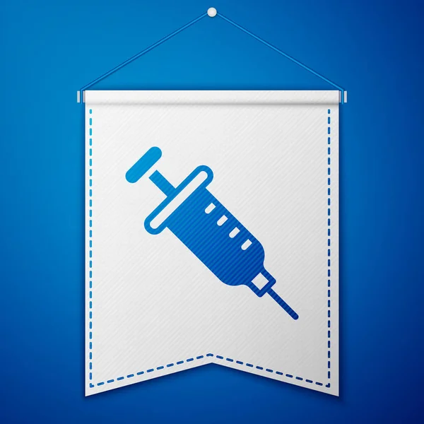 蓝色注射器图标隔离在蓝色背景。疫苗注射器，疫苗，注射器，流感疫苗。医疗设备。白旗模板。B.病媒 — 图库矢量图片