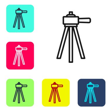 Siyah çizgi tripod simgesi beyaz arkaplanda izole edildi. Renkli kare düğmelerle simgeleri ayarla. Vektör