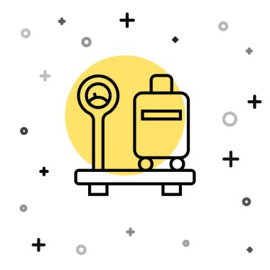 Beyaz arkaplanda izole edilmiş bavul simgesiyle siyah çizgi ölçeklendirmesi. Lojistik ve teslimat. Dağıtım paketinin ağırlığı bir ölçekte. Rastgele dinamik şekiller. Vektör