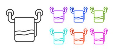 Beyaz arka planda izole edilmiş bir askı simgesinde siyah çizgi havlusu. Banyo havlusu ikonu. Simgeleri renklendirin. Vektör