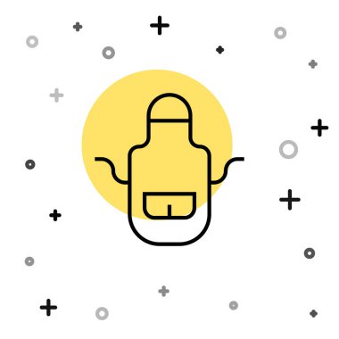 Siyah çizgi berber önlük simgesi beyaz arkaplanda izole edildi. Cepleri olan bir kuaför önlüğü. Rastgele dinamik şekiller. Vektör