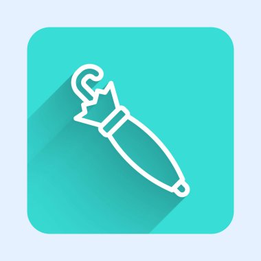 Beyaz çizgi Şemsiye simgesi uzun gölgeli izole edilmiş. Sigorta konsepti. Su geçirmez ikon. Koruma, güvenlik, güvenlik kavramı. Yeşil kare düğmesi. Vektör