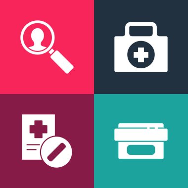 Pop sanat merhemi krem tüpü ilacını, reçeteyi, ilk yardım çantasını ve analiz ikonunu hazırla. Vektör