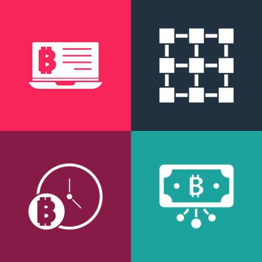 Pop art Bitcoin 'i devre, saat, blok zinciri teknolojisi ve dizüstü bilgisayar simgesinden madencilik bitcoin ile ayarla. Vektör
