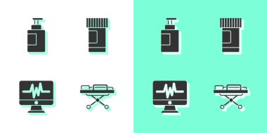 Sedye, el dezenfektanı, kardiyogram ve ilaç ikonu olan monitör. Vektör