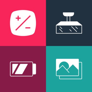 Pop sanat fotoğraf çerçevesi, kamera için pil, Softbox ışığı ve pozlama telafi simgesi ayarla. Vektör