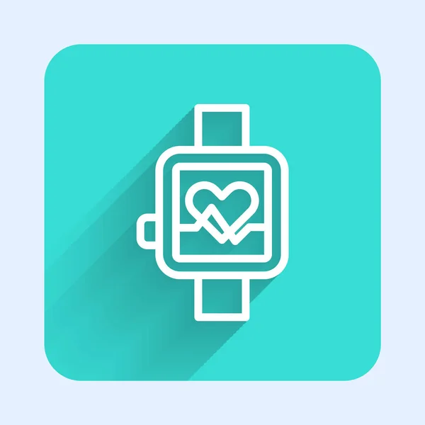 Weiße Linie Smartwatch, die das Herzfrequenzsymbol isoliert mit langem Schatten zeigt. Fitness App Konzept. Grüner Quadrat-Knopf. Vektor — Stockvektor