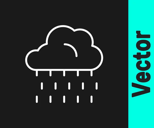 White line Cloud with rain icon isolated on black background. Rain cloud precipitation with rain drops. Vector — Stock Vector