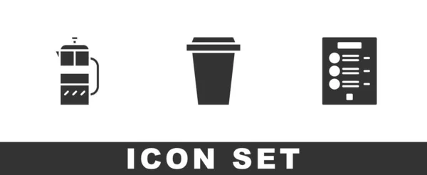 Establecer prensa francesa, taza de café para llevar y el icono del menú. Vector — Vector de stock