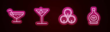 Kokteyl, martini bardağı, tahta fıçılar ve bir şişe konyak veya brendi. Parlayan neon ikonu. Vektör