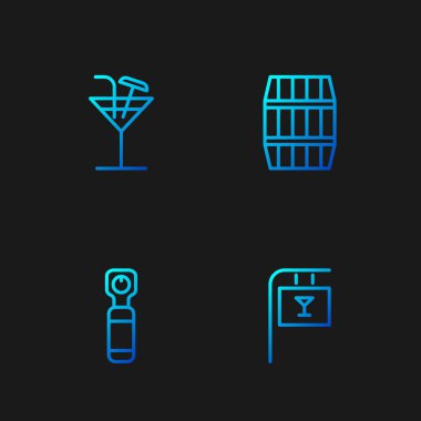 Bar, şişe açacağı, Kokteyl ve tahta fıçı ile sokak tabelasını ayarla. Renk simgeleri. Vektör