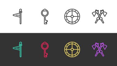 Orta Çağ bayrağı, eski anahtar, yuvarlak ahşap kalkan ve siyah beyaz üzerine orta çağ baltaları. Vektör