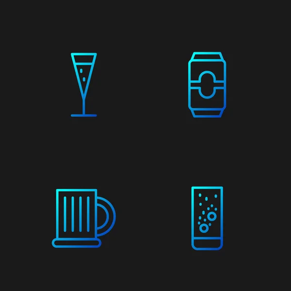 Set line Tabletas efervescentes en agua, taza de cerveza de madera, copa de champán y lata de cerveza. Iconos de color degradado. Vector — Vector de stock