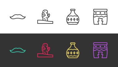 Bıyık, Kaktüs, Tekila şişesi ve Huehuetl 'ü siyah beyaz olarak ayarla. Vektör