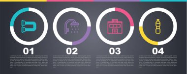 Göğüs genişletici, duş başlığı, jimnastik salonu ve bir şişe su ayarlayın. Ticari bilgi şablonu. Vektör