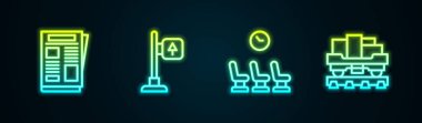 Set hattı haberleri, trafik levhası bekleme odası ve yük vagonu. Parlayan neon ikonu. Vektör