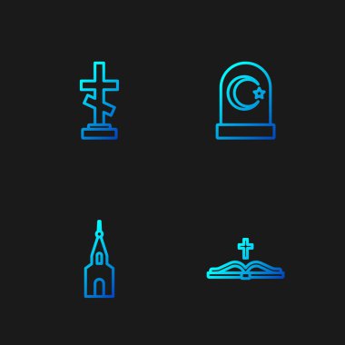 Kutsal İncil kitabı, kilise binası, haçlı mezar ve Müslüman mezarlığı. Renk simgeleri. Vektör