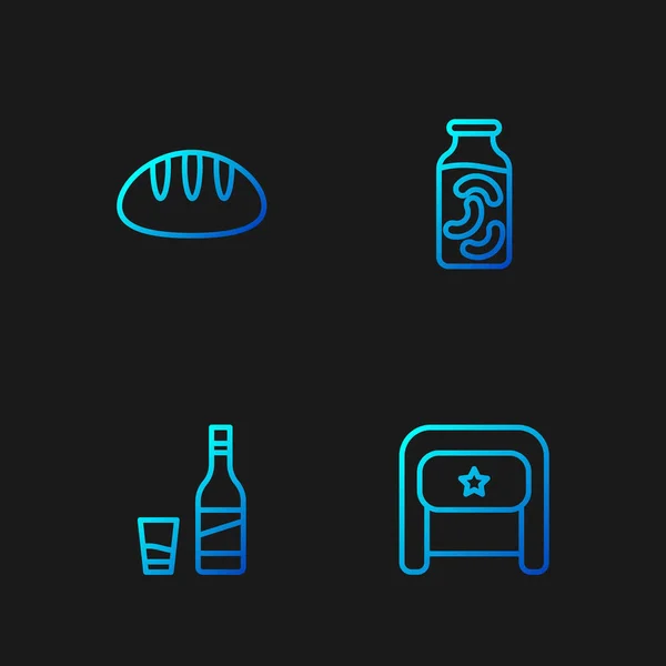 Set line Ushanka, Botella de vodka con vaso, Pan de pan y pepinos en escabeche en tarro. Iconos de color degradado. Vector — Archivo Imágenes Vectoriales