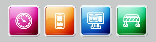 Setzen Sie Linie Bahnhofsuhr, E-Ticket-Zug, Ticketschalter, um Fahrkarten zu kaufen und Straße Schranke. Bunte quadratische Taste. Vektor — Stockvektor