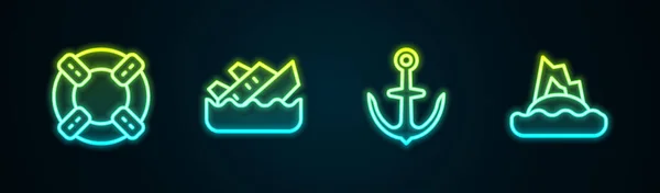 Linia Lifebuoy, tonący statek wycieczkowy, kotwica i tropikalny ocean na wyspie. Świecąca neonowa ikona. Wektor — Wektor stockowy