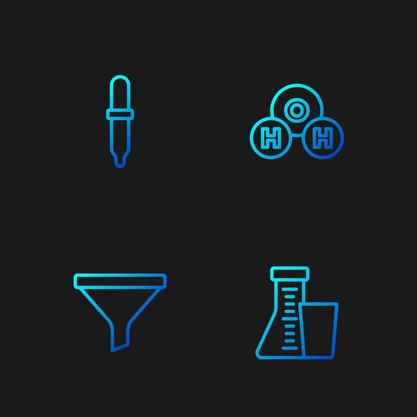 Zestaw linii probówki i kolby, lejka lub filtra, pipety i wzór chemiczny dla H2O. Ikony kolorów gradientu. Wektor — Wektor stockowy