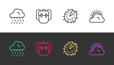 Bulut 'u yağmurla, okul çantasıyla, Chestnut' la Sun 'la ve bulutlu hava durumuyla siyah-beyaza ayarla. Vektör