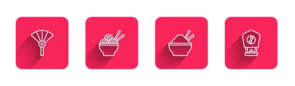 Set line Chinese or japanese folding fan, Asian noodles bowl, Rice with chopstick and paper lantern with long shadow. Red square button. Vector — Stock Vector