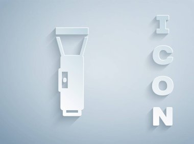 Kağıt kesiği El feneri simgesi gri arkaplanda izole edildi. Kağıt sanatı tarzı. Vektör