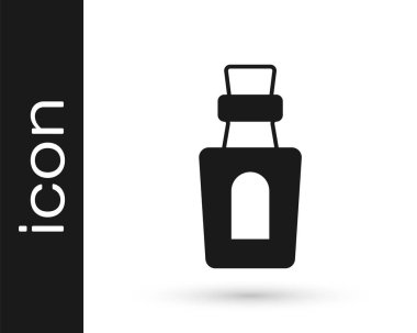 Beyaz zemin üzerinde iksir ikonu olan siyah şişe. Sihirli iksirli matara. Mutlu Cadılar Bayramı Partisi. Vektör