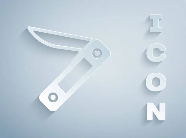 Řez papíru Švýcarská armáda nůž ikona izolované na šedém pozadí. Multifunkční, víceúčelový nůž. Multifunkční nástroj. Papírový styl. Vektor — Stockový vektor