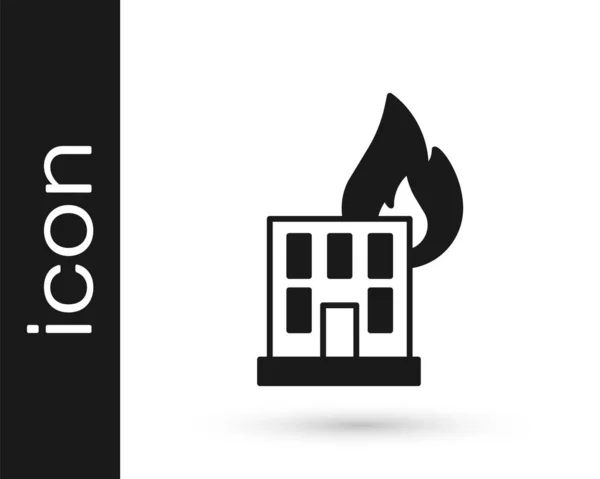 Black Fire in burning building on city street icon isolated on white background. Destroyed city on fire. Vector — Stock Vector